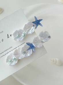 2 piezas de pasadores para el cabello con clip lateral para mujeres, accesorios para el cabello de verano con adornos de estrella de mar, concha y perla