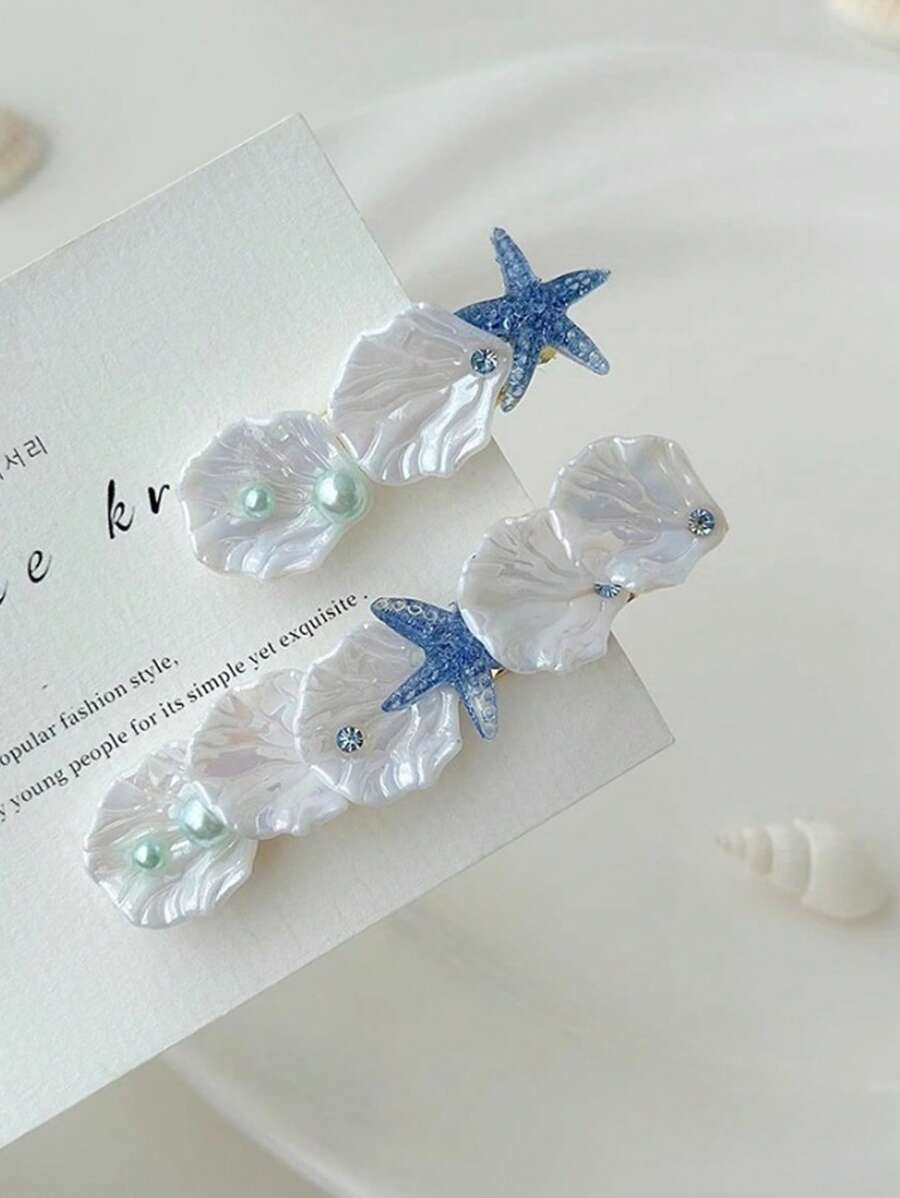 2 piezas de pasadores para el cabello con clip lateral para mujeres, accesorios para el cabello de verano con adornos de estrella de mar, concha y perla