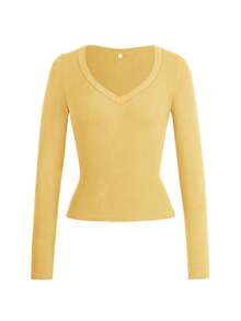 Vaiaye 女士性感修身针织长袖上衣，纯色 V 领 T 恤，适合情人节穿着 - 黃色 - 查看 3