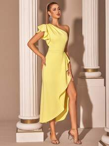 Elisanya Gaun Pesta Midi Berkerut Asimetris ADYCE, Gaun Formal Elegan dengan Belahan Pinggang Tinggi, Warna Krem Kuning, Gaun Pesta Koktail, Gaun untuk Tamu Pernikahan, Acara Kencan Malam - Kuning - View 5