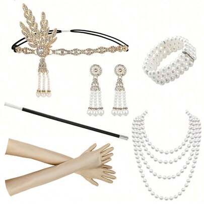 6-delat set med sminkbollar för kvinnor från 1920-talet, Gatsby-serien, retro eleganta accessoarer i Hepburn-stil, pannband i strass- och legeringsfärgad tofs, örhängen med hänge, halsband i oäkta armband, långa handskar, halloweenpipa
