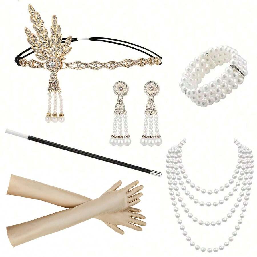 6-Piece Set Of 1920s Women's Wedding Celebration Makeup Ball Gatsby Series Retro Elegant Hepburn Style Accessories, Rhinestone Alloy Tassel Headband, Pendant Earrings, Imitation Bracelet Necklace, Long Gloves, Pipe Halloween - Multicolor - View 1