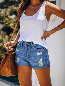 Women's Denim Ripped Shorts, Mid-Rise Elastic Summer Slim Fit Trouser Legs Rolled-Up Shorts Jorts, Solid Color Versatile Fashion Casual, Elegant For Daily Commuting Jean Shorts, Brushed Design Shorts For Women. - Rửa trung bình - Xem 3