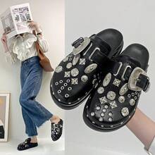 Style Shoes Closed Toe Half Slippers Women New British Retro Thick Sole Studded Strap Flat Mules - 黑色 - 查看 1