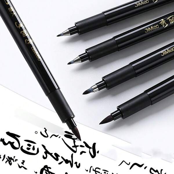 Set de 4 piezas de pinceles de caligrafía, pluma de dibujo a tinta negra, punta blanda - 4 tamaños para dibujo artístico, scrapbooking, journaling e ilustraciones acuarelables, suministros escolares, de vuelta a clases