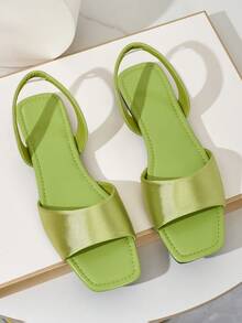 女士缎面绿色方头系带凉鞋，夏季休闲平底罗马凉鞋，纯色系带尼龙镂空女士户外四季 - 綠色 - 查看 2