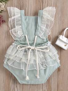 Easisim Vestido sin mangas de encaje bordado para niña bebé, mono, conjunto de verano para bebé - Verde - Ver 2
