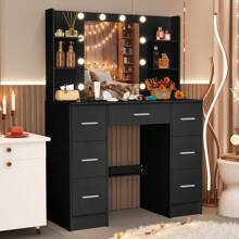 Large Vanity Desk With Lighted Mirror & Drawer Dressing Table LED Lights - Black Dressing Table Set With Drawers And Open Shelves