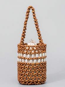 ENSPT Einteiliges Farbblockdesign Perlen Cut Out Ahornholz Material Damen Handtasche mit Kordelzugverschluss und abnehmbarer Innentasche, Eimer Tasche für Damen Strandurlaub und Reisen.