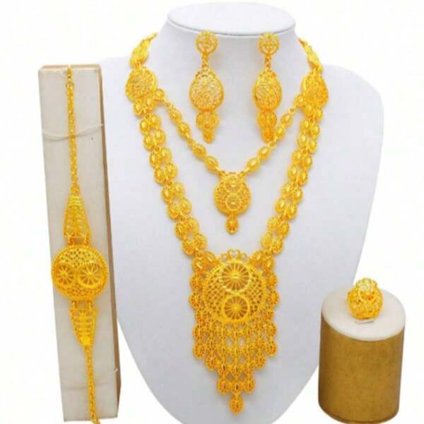24K Gold Plated Jewelry Set For Women, Middle Eastern Bride Necklace, Earrings, Ring, Bracelet 4-Piece Set