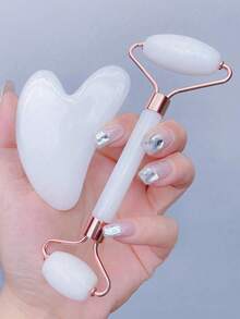 1 Pc Face Beauty Massage Tool Set, Including Roller, Massage Board, Body Back Gua Sha Board, Pink And White, Face Massager Roller For Lifting And Tightening, Gua Sha Board Facial Massage Tool, Imitate Jade Roller - Multicolor - View 7