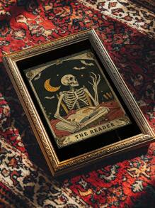 1 pieza Impresión de arte de pared de lector de tarot gótico, Halloween esqueleto amante de los libros, póster de bruja de biblioteca con símbolos sagrados, decoración sin marco de academia oscura para dormitorio espeluznante/rincón de lectura, regalo místico y decoración de fiesta (Impresiones de pared ocultas de vuelta al colegio)