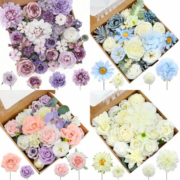 Artificial Flower Luxury Combo Flowers Bouquet Set Real Touch Cake Fake Flowers Leaf Silk Rose Tulips For DIY Bridal Wedding Bouquets Centerpieces Home Decoration Party