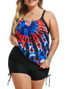Womens Plus Size Striped Printed Strappy Tankini Top With Shorts Two Pieces Swimsuit - Red Blue Tie Dye - View 2
