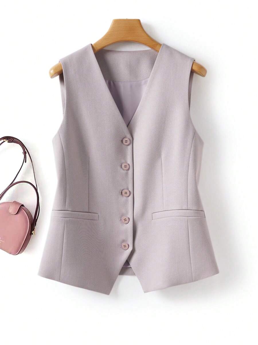 Women Solid Color V-Neck Vest Jacket, Slim Fit, For Spring Autumn, Fashion Commuting, Open Door Access, Ladies Clothing - Purple - View 1