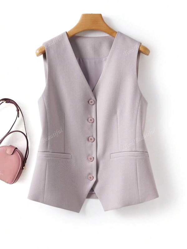 Chaqueta chaleco de mujer de unicolor con escote en V, ajuste slim, para primavera y otoño, moda para ir a trabajar, con acceso abierto, ropa de señora