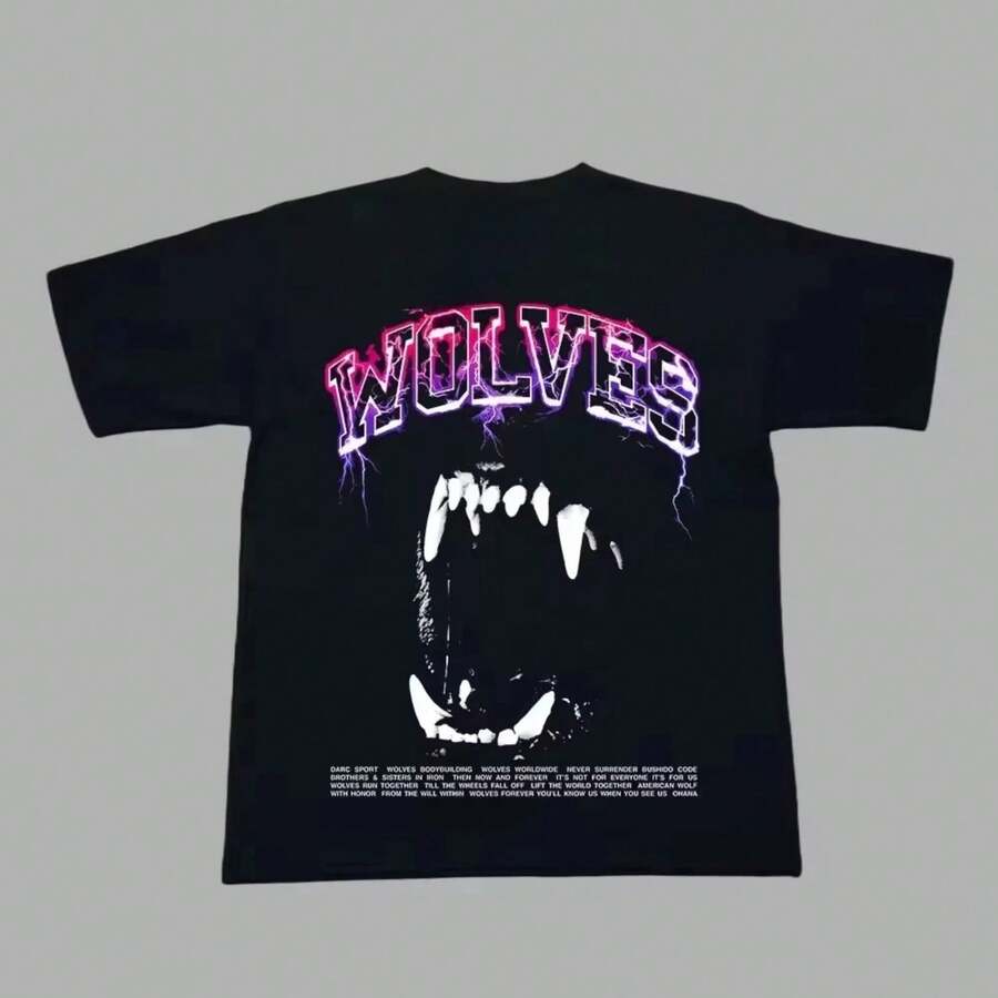 DARC WOLVES Lightning Wolves Mens And Womens Oversize T Shirt Darcsport Vintage Outdoor Tee Hip Hop Streetwear Loose - 黑色 - 查看 1