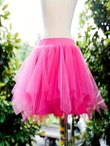 1 件多层粉色女士派对/舞台糖果色薄纱迷你裙，婚纱衬裙秋装女士 - 玫紅色 - 查看 6