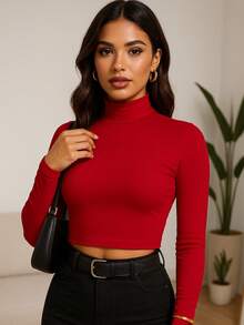 cropped manga longa gola alta suplex de inverno feminino basico casual - Vermelho - Visão 2