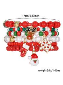 6pcs/Set Fashionable Christmas Bracelets With Pearl, Resin, Cubic Zirconia, Stainless Steel Deer, Christmas Tree, Snowflake, Snowman Charms, Handmade Beaded Bracelets Set For Women, Daily Wear, Holiday Party, Gift