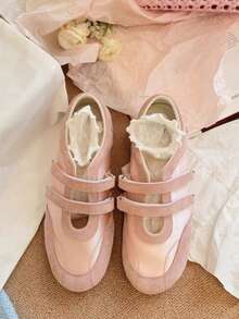 复古红色百搭魔术贴玛丽珍鞋，2025春季新款休闲圆头平底鞋【尺码偏小，请根据尺码表下单】，芭蕾平底鞋 - 粉色 - 查看 4