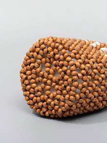 ENSPT Einteiliges Farbblockdesign Perlen Cut Out Ahornholz Material Damen Handtasche mit Kordelzugverschluss und abnehmbarer Innentasche, Eimer Tasche für Damen Strandurlaub und Reisen.