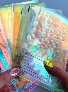 6 Peças Adesivos de Unha de Cubo de Gelo Transparente Aurora - Paetês de Papel de Vidro 3D Holográfico de Cubo de Gelo Transferência de Telefone de Arte de Unha - Adesivos de Foil Coreanos Autoadesivos Reflexivos Arco-Íris para Decoração de Unha