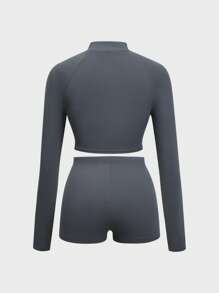 GAOVOT Women's Two Pieces Sexy Athleisure Running Exercise Yoga Long Sleeve Top And Shorts Set