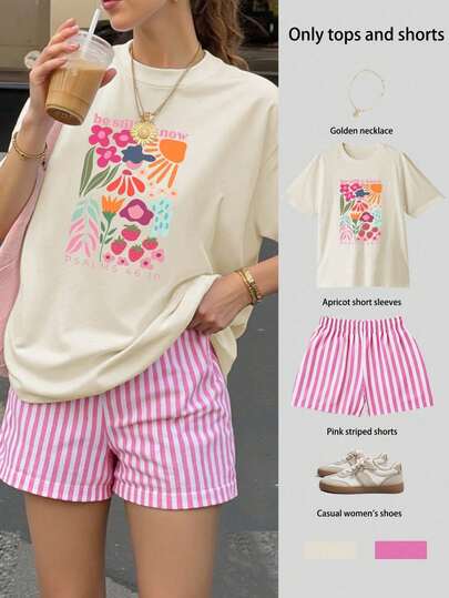 CONJUNTO SHORT ROSA RALLADO Y PLAYERA DIVERSOS DISEÑOS PARA PLAYA O VERANO