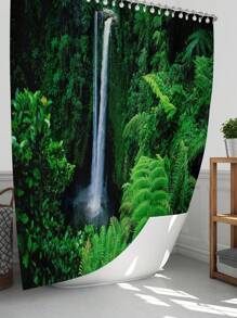 1pc/4pcs Charming Forest Waterfall With Green Leaves & Plant Pattern Bathroom Decorative Waterproof Shower Curtain Set, Includes 12 Hooks, Bathroom Anti-Slip Mat, U-Shaped Floor Mat And Round Toilet Lid Cover, Versatile Bathroom Set Back To School