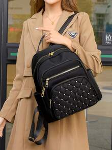 防盗铆钉尼龙背包，女士钱包，多功能时尚日常包，多口袋轻便旅行包，大容量简约背包，便捷背包，适合学生、护士、教师、商务人士、旅行、通勤、购物、办公、约会、徒步、训练、工作，生日礼物、节日礼物，背包 - 黑色 - 查看 11