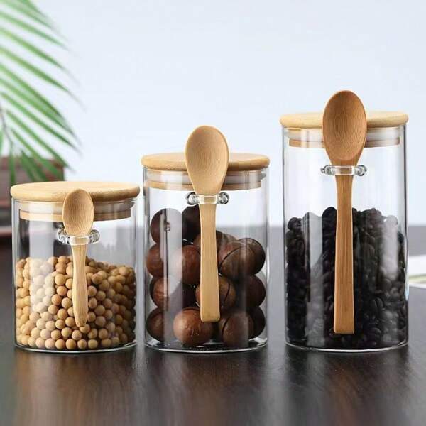 1pc Borosilicate Glass Food Storage Containers With Bamboo Lids And Spoons, 15 Oz Glass Jars, Kitchen Canisters Set, Overnight Oats Containers, For Cookies, Candy, Coffee, Sugar, Matcha, Flour, Yogurt Round Glass Sealed Jar With Spoon Kitchen Grain Storage Jar Dried Fruit Coffee Beans High Borosilicate Glass Storage Bottle