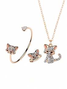 1 Stück Halskette, 1 Stück Armband, 1 Stück Ring, Studenten Katze Zinklegierung Pink Oil Drop transparentes weißes Acryl Strass vergoldetes süßes Schmuckset, geeignet für den täglichen Gebrauch