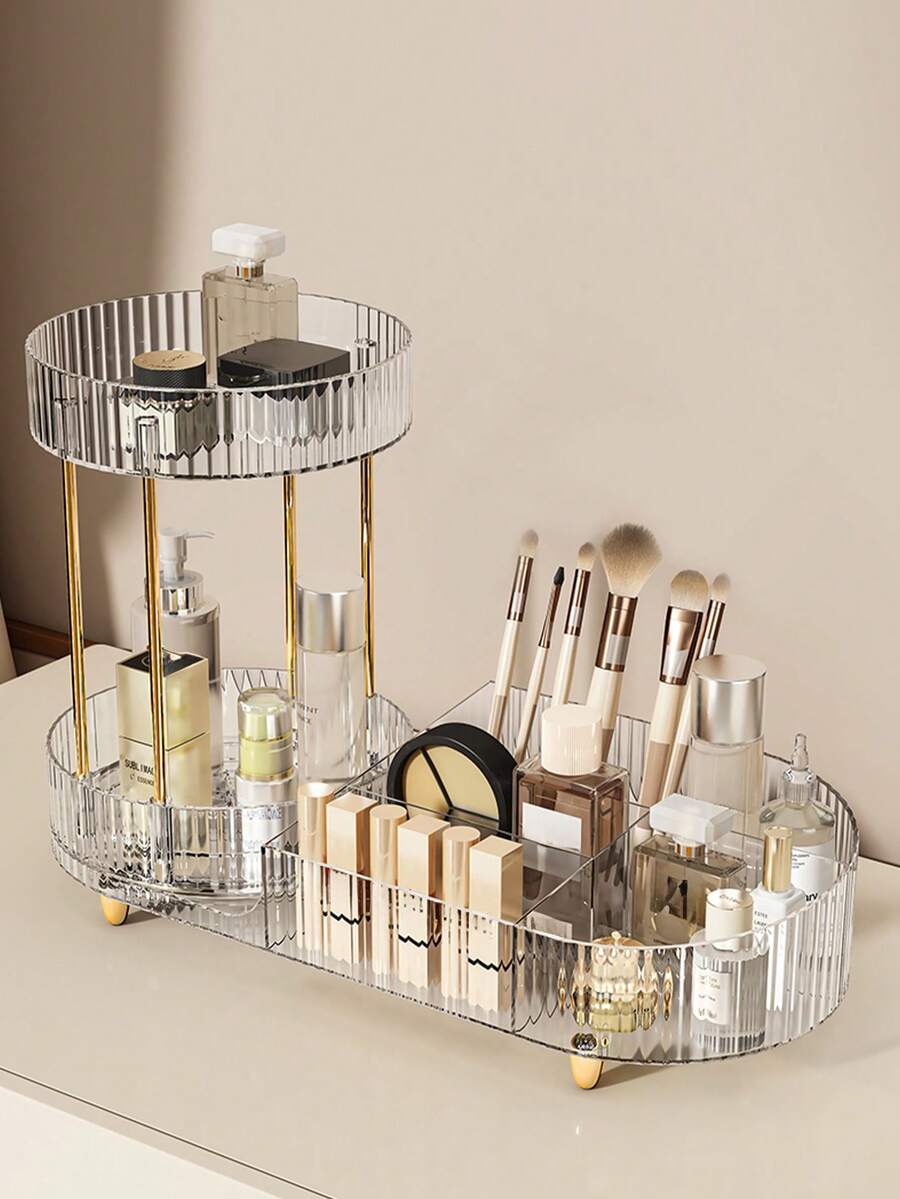1 pieza Organizador giratorio para baño, estantería para exhibir cosméticos y perfumes, estantería de almacenamiento de doble capa con compartimientos, gabinete giratorio de 360° para el almacenamiento de belleza, apto para cosméticos, lápices labiales, decoración del hogar - Multicolor - Ver 1