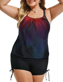 Top de tankini a rayas con estampado y shorts a juego de dos piezas para mujer de talla grande - Rosa Rojo Negro - Ver 2