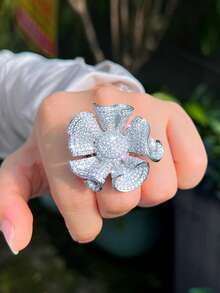 1枚创意独特几何花朵设计全立方氧化锆奢华宣言大号订婚结婚派对戒指，女士款 - Luxury Design - 查看 2