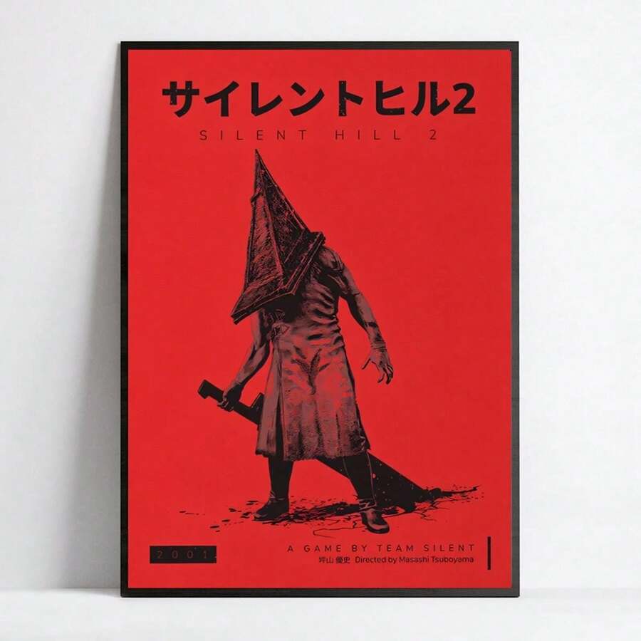 Silent Hill 2 Retro Canvas Art Print - Frameless Video Game Poster With Red Background & Iconic Character Design, Perfect For Living Room, Bedroom, Or Home Office Decor, Bedroom Wall Accent | Frameless Canvas Art | Textured Wall Art, Game Room Decor - Multicolor - View 1
