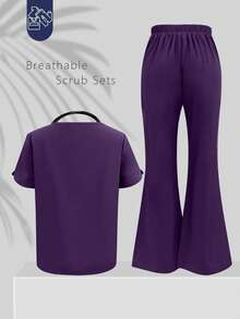 Conjunto de uniforme de pijama médico con top de cuello en V de manga corta y pantalones con abertura en la pierna, con bolsillos, para enfermería, veterinaria, hospital o cuidados privados, primavera - Morado Violeta - Ver 4