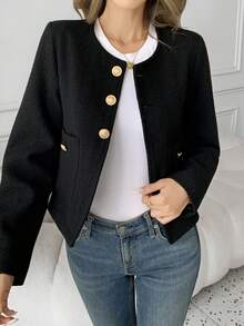 女士黑色夹克，秋季粗花呢长袖上衣，优雅圆领短外套，带口袋，适合工作和办公室的短款粗花呢西装外套 - 黑色 - 查看 4