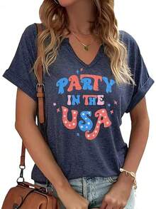 4th Of July V Neck Patriotic T-Shirts Women American Flag Print Faith Family Freedom Letter Casual Short Sleeve Tee Tops Halloween Christmas New Year - A-navy - 查看 1