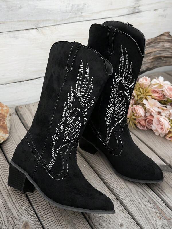 Stivali ricamati, nuovi stivali corti per primavera e autunno, stivali retrò con tacco squadrato, stivali lunghi da cowboy, stivali western blu