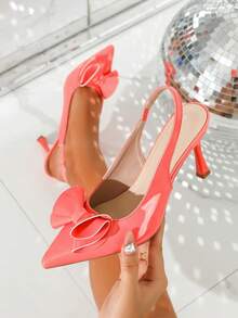 Women's Elegant Butterfly Decor Pointed Toe Elastic Band Patent Leather High Heel Sandals, Closed Toe Slip-On Pink Summer Shoes - Coral Pink - View 4