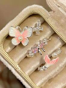 1件甜美花卉渐变粉色鱼尾油滴蝴蝶戒指女简约小众百搭独特高端麻花图案食指戒指 - 銀色 - 查看 2