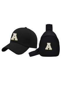 Set de 2 gorras de béisbol para niños: Gorra de camionero con estampado de 26 letras + Bolsa de pecho, sombrero de sol casual y elegante, monedero mini conveniente, adecuado para niños y niñas de vuelta al colegio, actividades al aire libre, viajes de vacaciones, regalo de cumpleaños - Negro - Ver 5