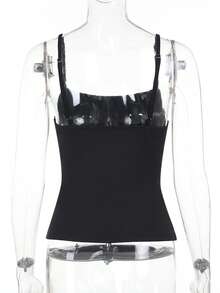 女士无袖纯色束腰背心，百搭 - 黑色 - 查看 2