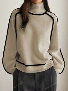 Lässiges Top für den Herbst, französischer Stil Damen gestrickter Pullover, Farbblock, Rückkehr zur Schule Kleidung, amerikanisches langes Hemd, modisch, Lehreroutfit, 70er Jahre Strickware, Pendeln, minimalistisch, Bürokleidung, Retro, einfach, französisch, einfarbiger Pullover, Vintage Herbst-Top, Apricot, Lehrerpullover, Rollkragen, Dropped-Shoulder Langarm, Damen lose Farbblock Langarm gestrickter Pullover, geeignet als Oberbekleidung
