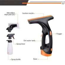 DOVAMAN Aspiradora de ventanas inalámbrica, 30 min de autonomía, boquilla de succión de 280 mm, botella rociadora con 2 paños de microfibra, tanque de agua de 150 ml, limpiador de ventanas liviano de 700 g - Negro - Ver 6