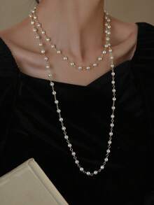 1pc Golden Stainless Steel Electroplated 18K Gold Round Faux Pearl Long Pendant Necklace, Elegant & High-End, Suitable For Holidays, Daily Wear, Engagements, Weddings - White - View 5