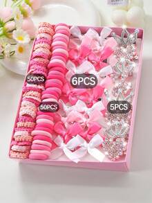 111pcs/Set Pink Rhinestone Rabbit Crown, Heart, Bow Hair Clips, Cute Girl's Elastic Hair Ties, Durable & Non-Damaging, Suitable For Daily Use - Multicolor - View 6