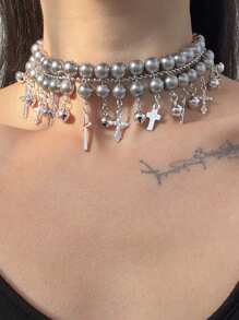 1 pièce Collier vintage élégant en métal multicolore avec croix et perles grises fausses, convient pour les rendez-vous, les fêtes, les dîners et le port quotidien